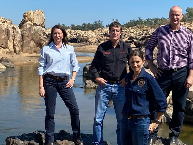 Special Envoy for Northern Australia Senator Susan McDonald, Charters Towers Regional Council Mayor Frank Beveridge, Deputy Mayor Sonia Bennetto and Queensland Water Minister Glenn Butcher at the Big Rocks Weir site on the Burdekin River north of Charters Towers.