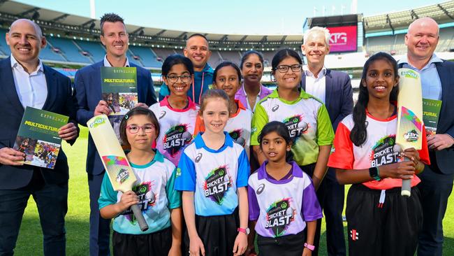 Cricket Australia boss Nick Hockley (left) and Australian cricketers Usman Khawaja and Lisa Sthalekar (centre, back) were at the launch of CA’s multicultural action plan at the MCG on Friday. Picture: Morgan Hancock / Getty Images