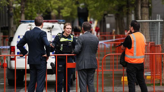 Police and Crown Casino security were on scene along Crown Promenade, where a molotov cocktail was thrown through the window of a restaurant. Picture: Ian Currie