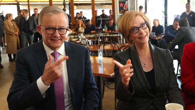 Labor Leader Anthony Albanese and former Australian Prime Minister Julia Gillard meet at Sfizio Cafe, which is in the electorate of Sturt. Picture: Lisa Maree Williams/Getty Images