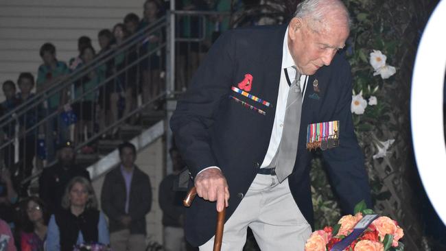 A veteran laying a wreath at the Kuttabul dawn service at the Hampden State School Remembrance Garden 2021. Picture: Lillian Watkins