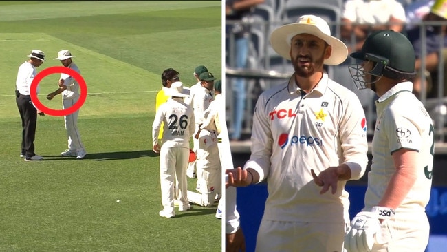 Salman Agha was called over by the umpires. Photo: Fox Cricket.