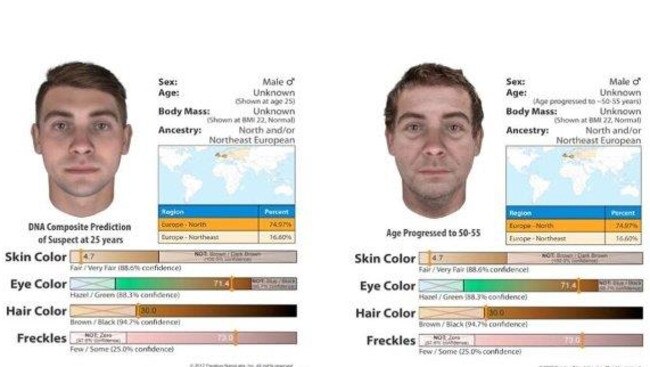 Left, DNA composite prediction of suspect at 25 years; right, age progressed to 50-55.