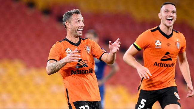 Brisbane Roar’s Scott McDonald celebrates his goal against Central Coast Mariners at Suncorp Stadium. Picture: Getty Images