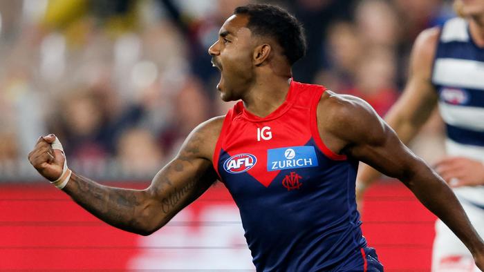 MELBOURNE, AUSTRALIA - MAY 04: Kysaiah Pickett of the Demons celebrates a goal during the 2024 AFL Round 08 match between the Melbourne Demons and the Geelong Cats at The Melbourne Cricket Ground on May 04, 2024 in Melbourne, Australia. (Photo by Dylan Burns/AFL Photos)
