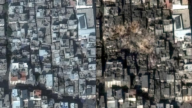 A combination of handout satellite images released by Maxar Technologies overnight shows, left, an overview of the Jabalia refugee camp earlier this week and, right, the destruction in the same camp after it was hit by an Israeli strike. Pictures: Satellite images ©2023 Maxar Technologies via AFP