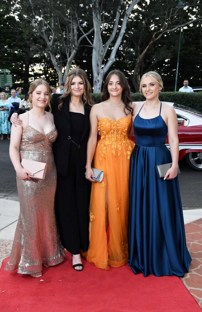 Annika Kinder, Bethany Callow, Isabelle Payne and Jasmin May at Centenary Heights State High School formal. Picture; Patrick Woods.