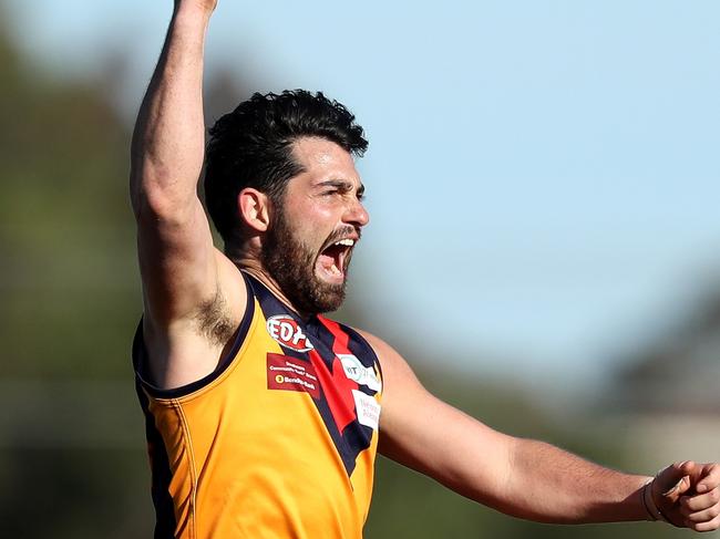 East Keilor’s Vincent Schiavello celebrates a goal on Saturday. Picture: Mark Dadswell