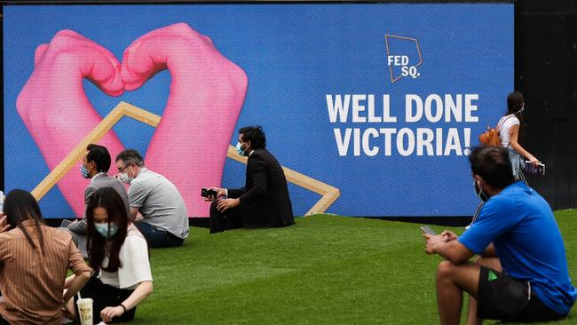 Melburnians enjoy a taste of freedom after passing the 70 per cent vaccination target. Picture: Getty Images