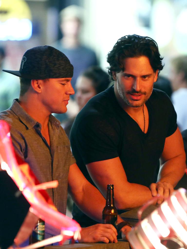 Behind-the-scenes Magic Mike XXL... Actors Channing Tatum and Joe Mangianello spotted filming the final scenes at Myrtle Beach. Picture: Splash