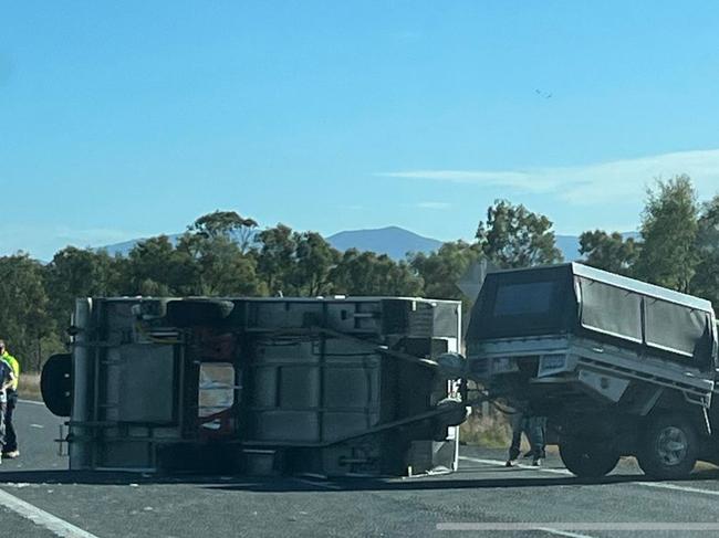 Flipped caravan, two hospitalised after Central Qld highway smash