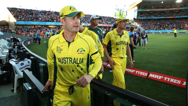Clarke leads his side off the field after the loss to New Zealand. Picture: Phil Hillyard.