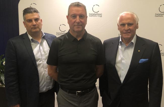 Macarthur South West Football Club deputy chairman Gino Marra, CEO Archie Fraser and chairman Lang Walker. Picture: Daniel McGookin