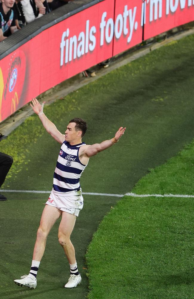 Jeremy Cameron after his stunning boundary line goal. Picture: Sarah Reed/AFL Photos