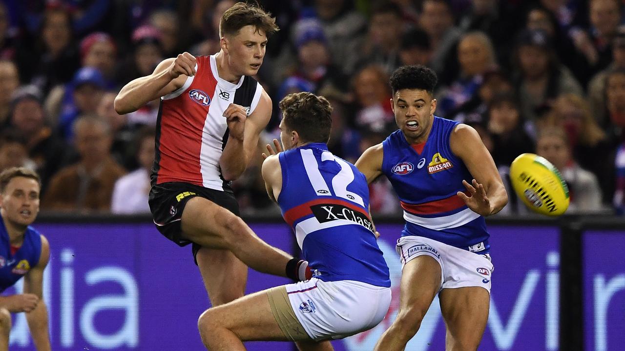 Doulton Langlands capitalises on a Bulldogs error to kick his first AFL goal. Picture: AAP