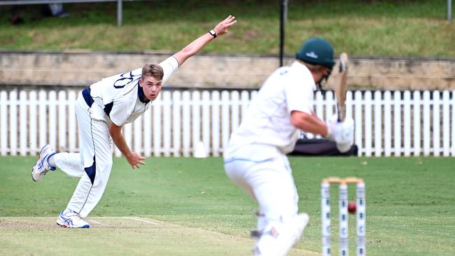 TSS bowler Luke Franks GPS first XI cricket between BBC v TSS at Parkman Park. Saturday February 17, 2024. Picture, John Gass