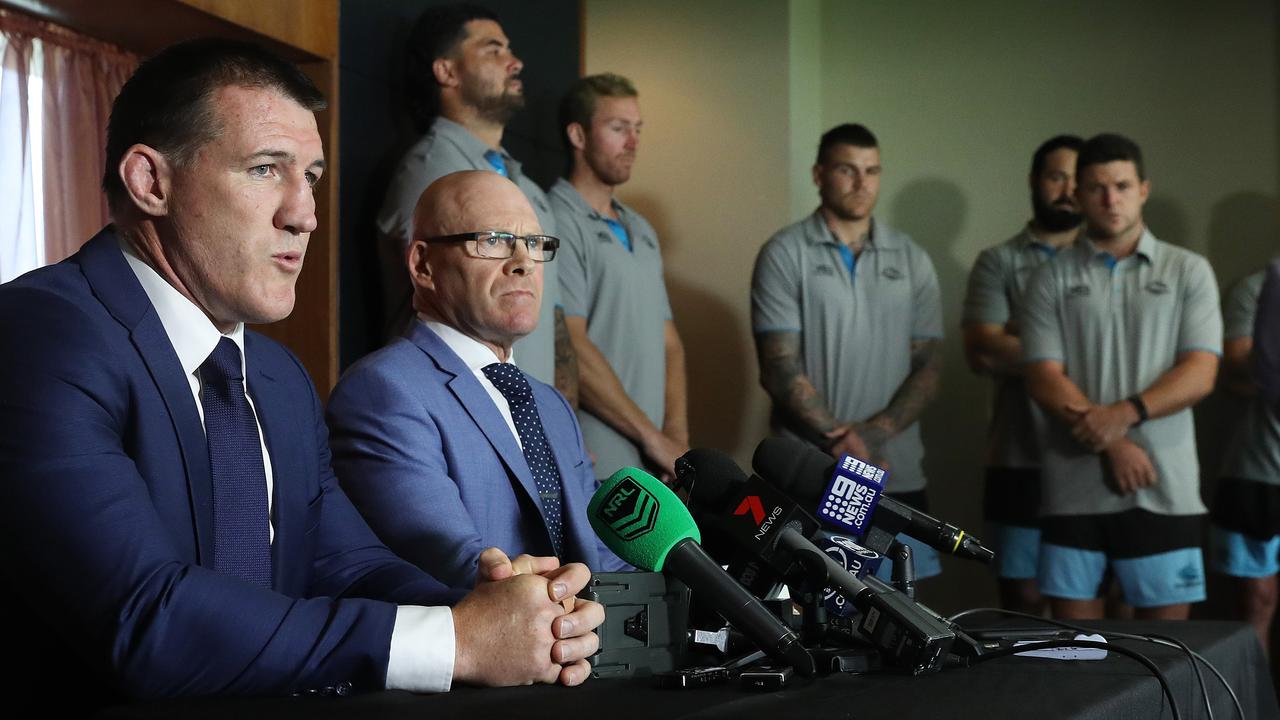 Cronulla Sharks captain and Sharks CEO Barry Russell front the media