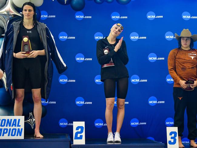 Lia Thomas on the podium. Picture: Rich von Biberstein/Icon Sportswire via Getty