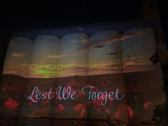 Karoonda Council in SA commemorated Anzac Day with projections on Silos. Photo credit: Karoonda Silo Art FB page