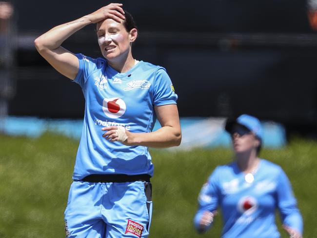 It was a tough day for Adelaide’s bowlers, including Megan Schutt reacts to a missed opportunity. Picture: Sarah Reed