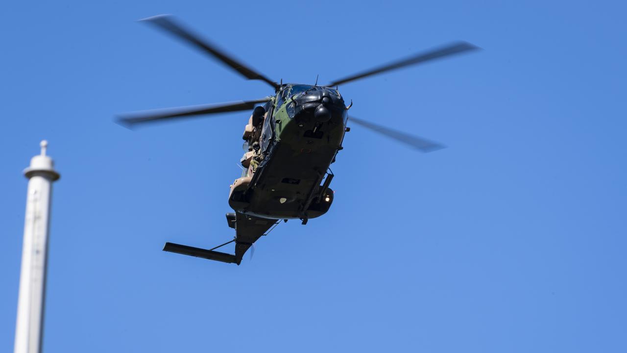 A MRH-90 Taipan helicopter during the flyover at the Anzac Day Toowoomba mid-morning Service of Remembrance at the Mothers' Memorial, Tuesday, April 25, 2023. Picture: Kevin Farmer