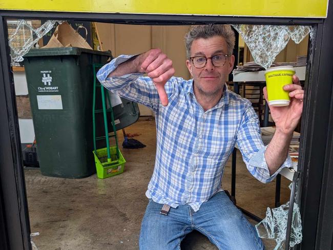 Boutique Espresso owner Anthony Cousins after the Hobart cafe was broken into early Monday morning. Picture: Supplied