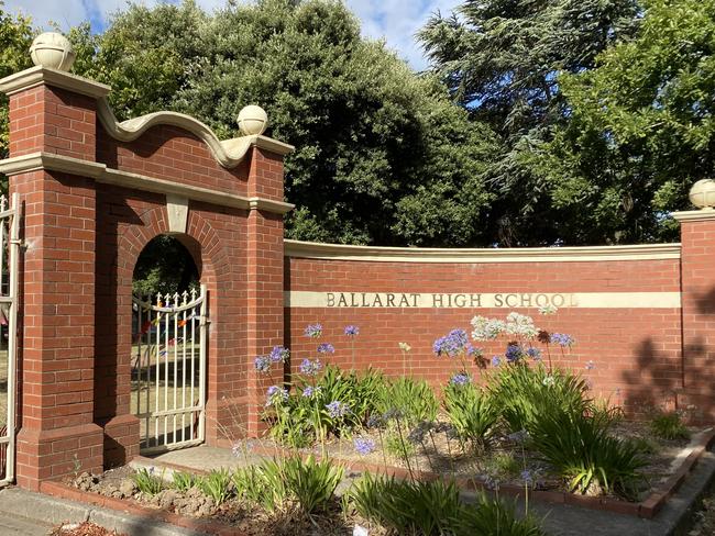 Ribbons have been tied to the front gates of Ballarat High School after a senior music teacher was stood down and charged with a range of alleged child sexual offences. Picture: Supplied