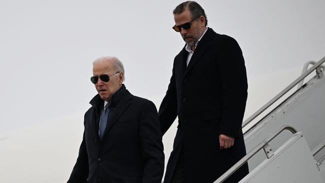 Joe Biden, with son Hunter Biden, arrives at Hancock Field Air National Guard Base in Syracuse, New York. Picture: AFP.