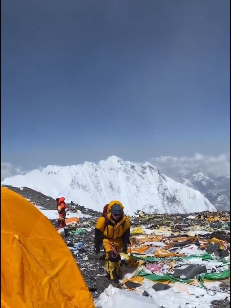 Concerns over the state of the mountain, including trash, human waste, and dead bodies, have led to new regulations being put in place. Tenzi Sherpa posted a video to Instagram of the mess building up at Camp IV – the last camp before the summit. Picture: Tenzi Sherpa/ Instagram