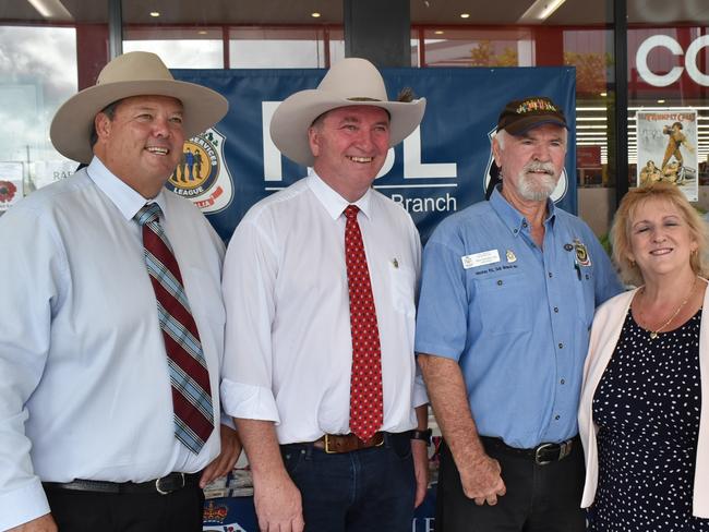 Nationals' Dawson candidate Andrew Willcox, Deputy Prime Minister Barnaby Joyce, Mackay RSL Sub-branch president Ken Higgins and Capricornia MP Michelle Landry,  announcing $5m for a revived RSL in Mackay and a veterans wellness centre at Kinchant Waters, campaigned for through the Hub for our Heroes campaign. Wednesday, April 20, 2022. Picture: Tara Miko Picture: Tara Miko Picture: Tara Miko