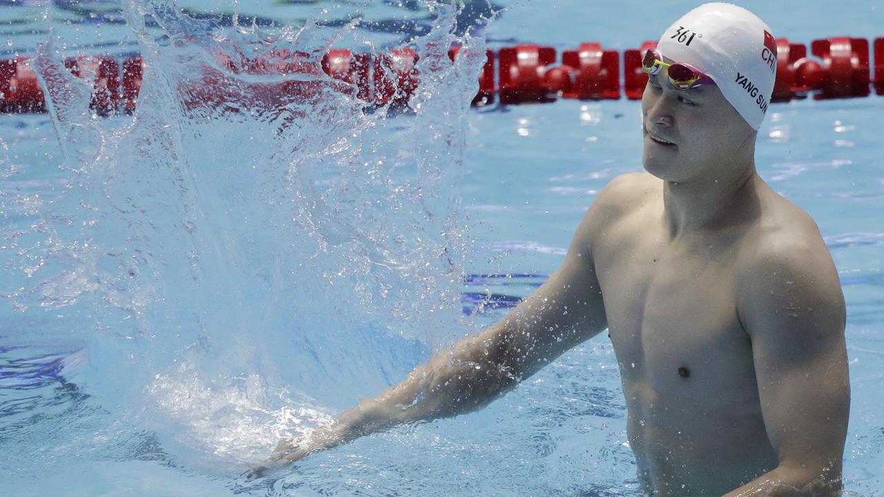 China's Sun Yang celebrates after winning the men's 200m freestyle final. (AP Photo/Mark Schiefelbein)