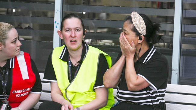 Concerned retailers outside th Westfield Marion. Picture: NewsWire / Brenton Edwards