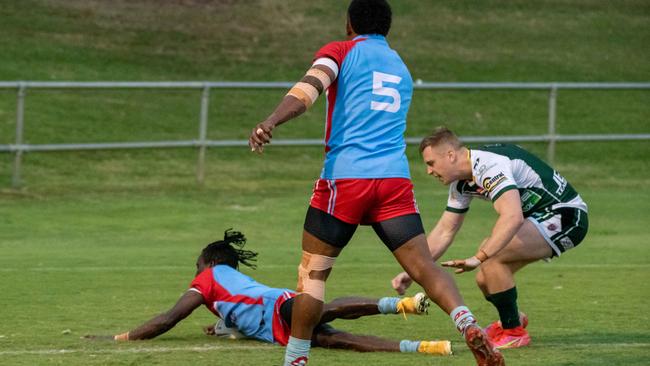 Sizzling fullback Godfrey Okot scores the sixth of Swifts’ seven tries in the Rugby League Ipswich A-Grade qualifying final. Picture: Bruce Clayton