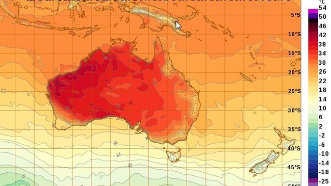 The forecast temperature map for Sunday is way above average for this time of year. Picture: Bureau of Meteorology.