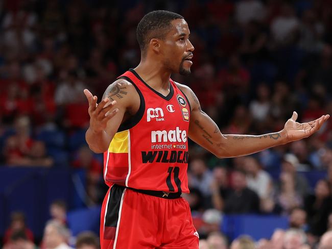 PERTH, AUSTRALIA - MARCH 13: Bryce Cotton of the Wildcats reacts during game three of the NBL semifinal series between Perth Wildcats and Tasmania Jackjumpers at RAC Arena, on March 13, 2024, in Perth, Australia. (Photo by Paul Kane/Getty Images)