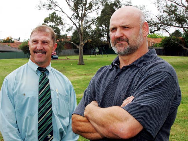 Parramatta Eels legends Brett Kenny (L) and Eric Grothe outside Grothe's home in Quakers Hill, west of Sydney. The pair are putting themselves up for coaching positions at the club rather than having outsiders do the job.