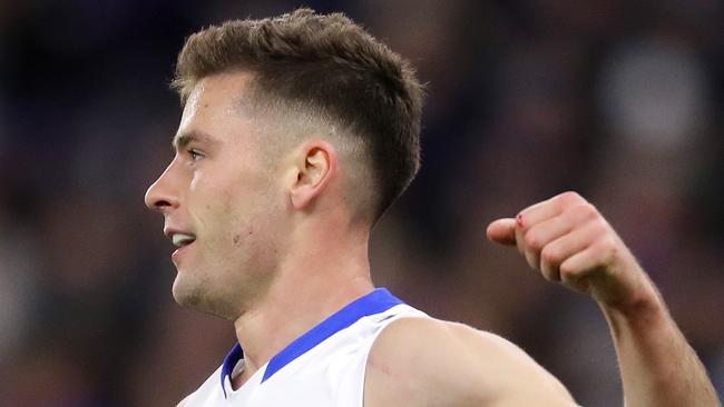 PERTH, AUSTRALIA - SEPTEMBER 03: Josh Dunkley of the Bulldogs celebrates after scoring a goal during the 2022 AFL First Elimination Final match between the Fremantle Dockers and the Western Bulldogs at Optus Stadium on September 3, 2022 in Perth, Australia. (Photo by Will Russell/AFL Photos via Getty Images)