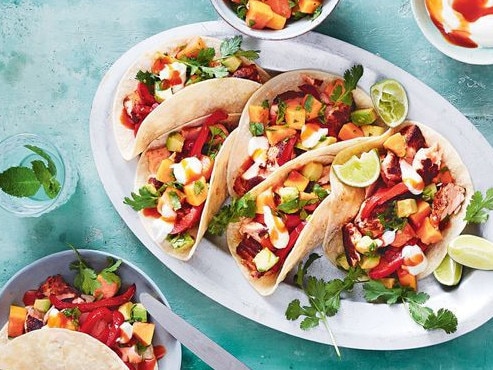 Salmon tacos with papaya salsa.