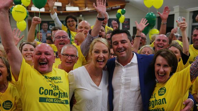 Elected Nationals member Pat Conaghan with his wife Ilona and supporters celebrate a win in Cowper. Picture: Frank Redward