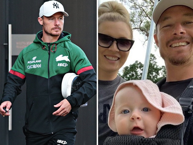 Damien Cook and with his wife Courtney and daughter Willow.