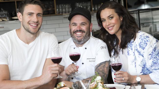 Megan Gale and Shaun Hampson at Ascot Food and Wine, with chef and co-owner Dave Stewart. Picture: Sarah Matray