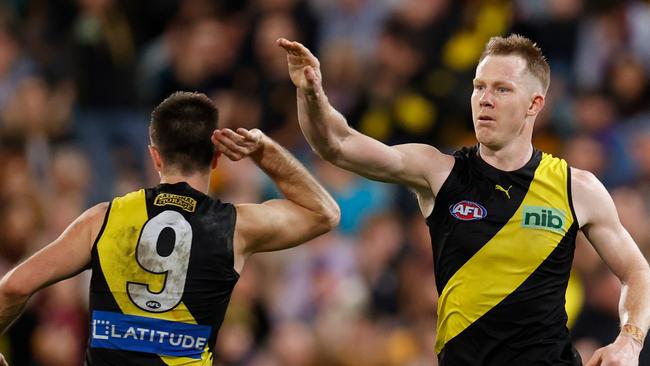 BRISBANE, AUSTRALIA – SEPTEMBER 01: Trent Cotchin (left) and Jack Riewoldt of the Tigers celebrate during the 2022 AFL Second Elimination Final match between the Brisbane Lions and the Richmond Tigers at The Gabba on September 1, 2022 in Brisbane, Australia. (Photo by Michael Willson/AFL Photos via Getty Images)