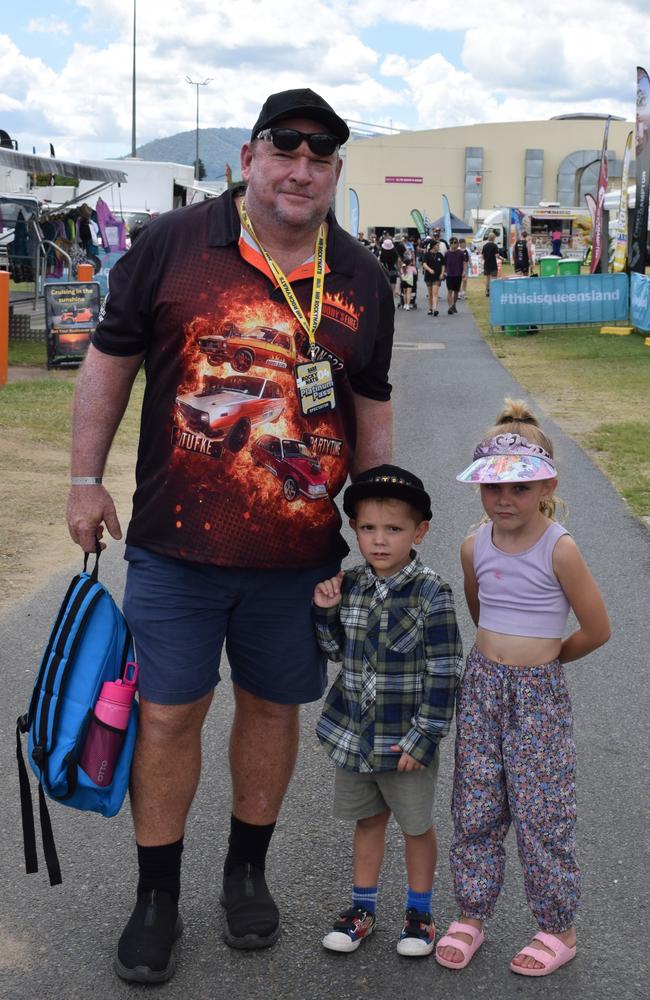 Ian, Fred and Izzy at Rockynats 04 showgrounds precinct on March 31, 2024. Picture: Aden Stokes