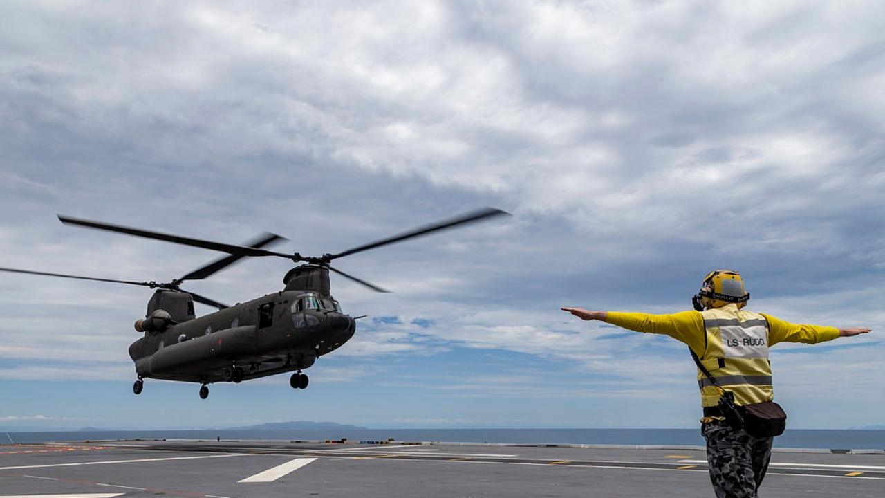 Republic of Singapore Air Force CH-47 Chinook Helicopter landing onboard HMAS Adelaide during Exercise Sea Wader 2020 off the coast of Townsville, Queensland. Picture: Defence Dept