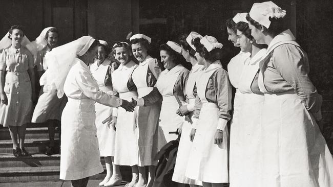 Matron Susanna Monkhouse wishing nursing candidates good luck before they leave for their exams in 1944. Picture: Supplied.