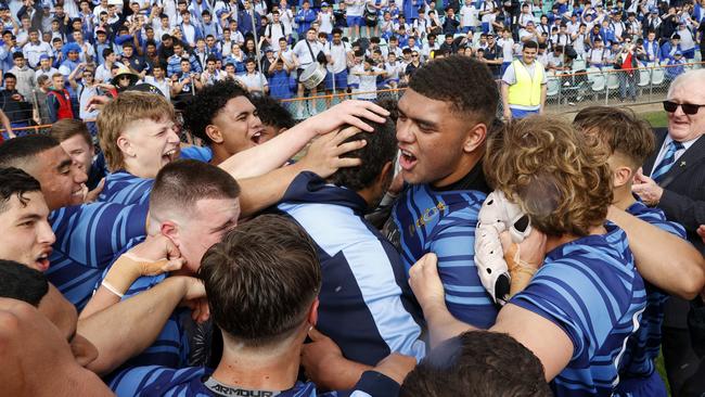 Patrician Brothers coach Frank Pritchard celebrating winning the NRL Schoolboys Grand Final against Hills Sports High at Leichhardt Oval. Picture: Jonathan Ng