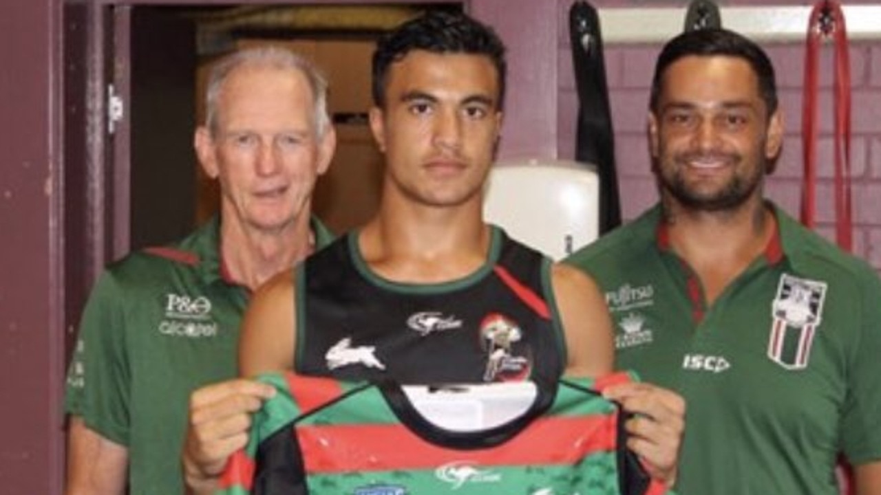 Joseph Suaalii with Wayne Bennett and John Sutton after signing with South Sydney. Picture: News Corp.