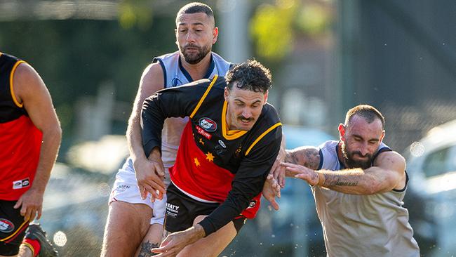 Sam Rexhepi applies forward pressure against Fitzroy Stars. Picture: Field of View Photography