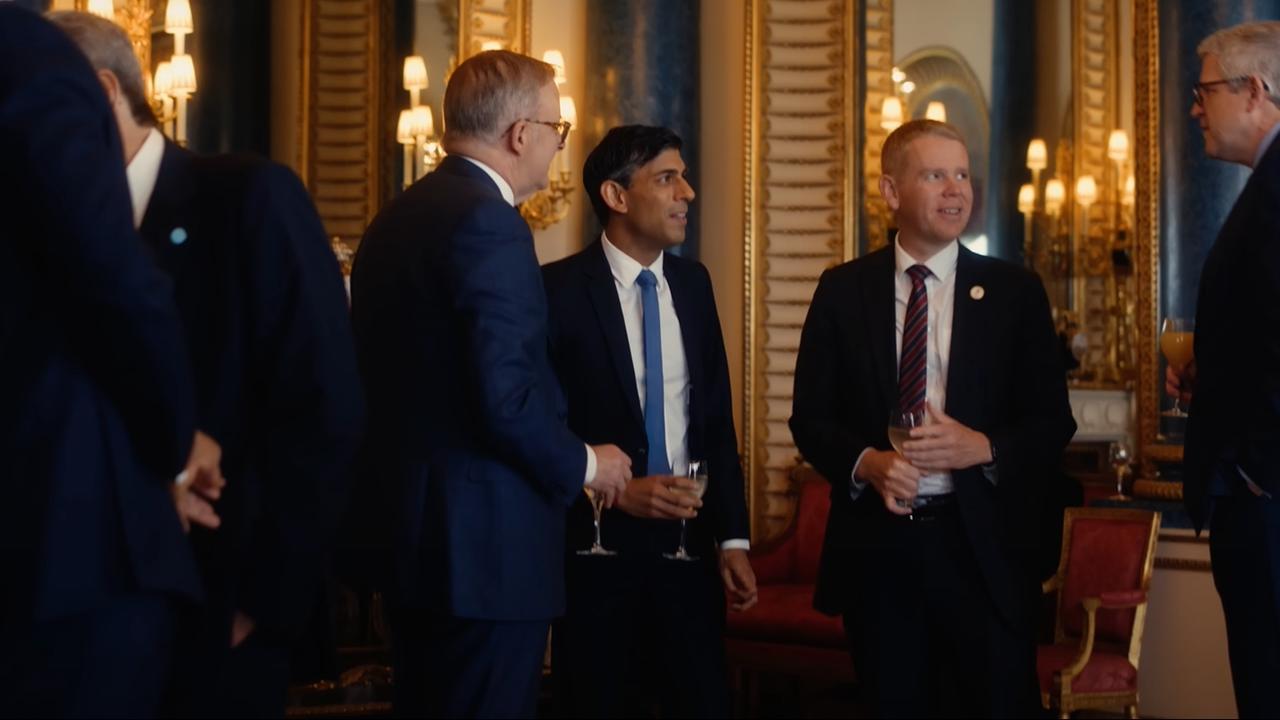 Prime Minister Anthony Albanese appears alongside British PM Rishi Sunak and NZ PM Chris Hipkins in the Wales’ behind the scenes video. Picture: YouTube