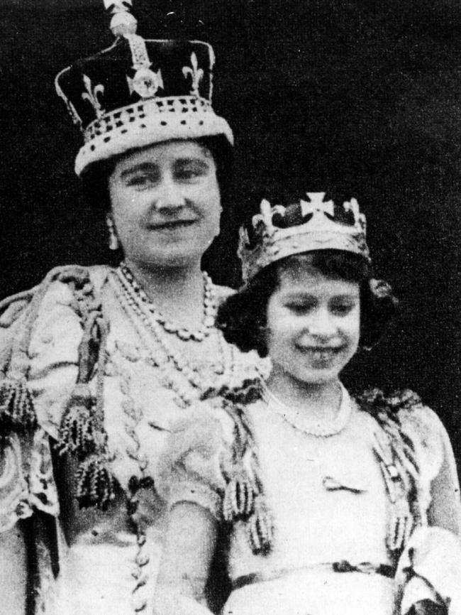 Queen Elizabeth (later Queen Mother) after her Coronation with daughter Princess Elizabeth (later Queen Elizabeth II), with the Koh-i-Noor diamond in centre of her State Crown. May 1937 Picture: Supplied